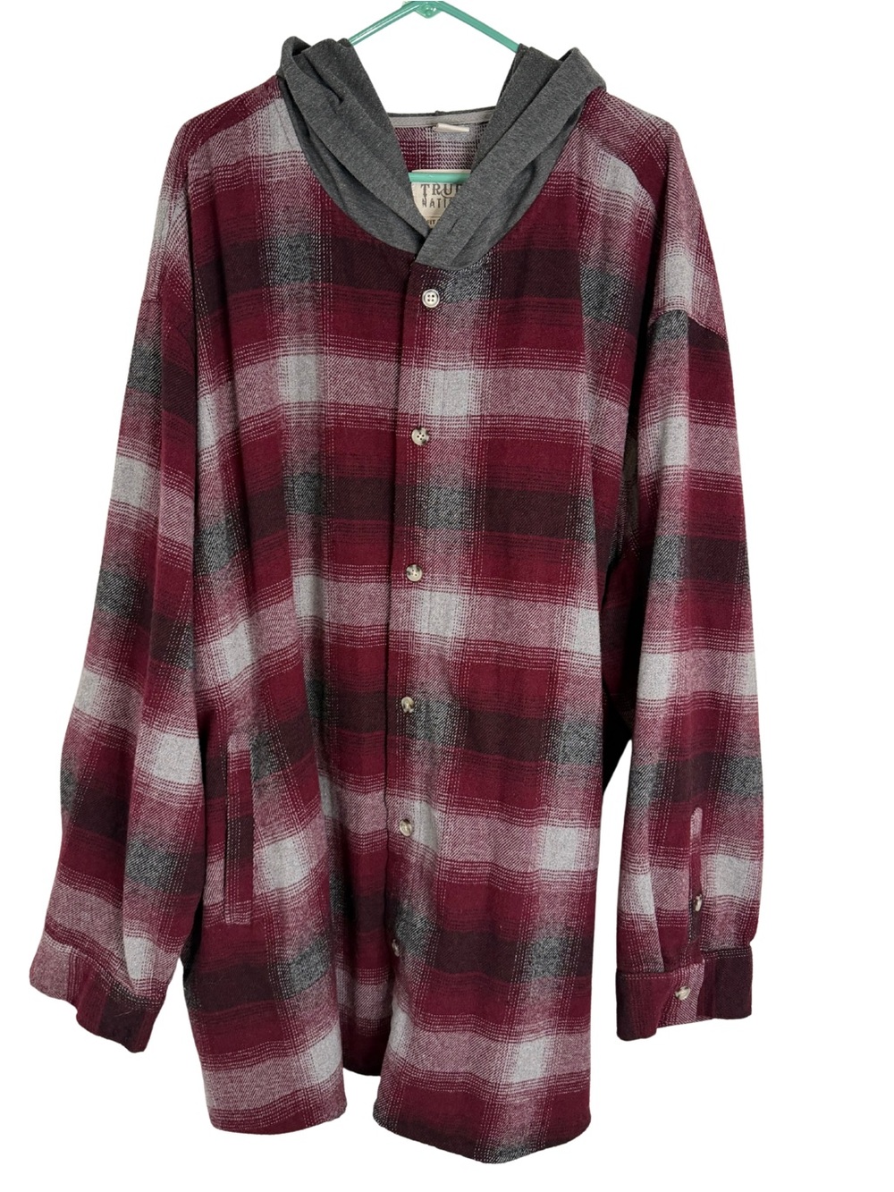 True Nation by DXL Men's Burgundy Plaid Flannel Hooded Shirt Jacket Size 4XLT
